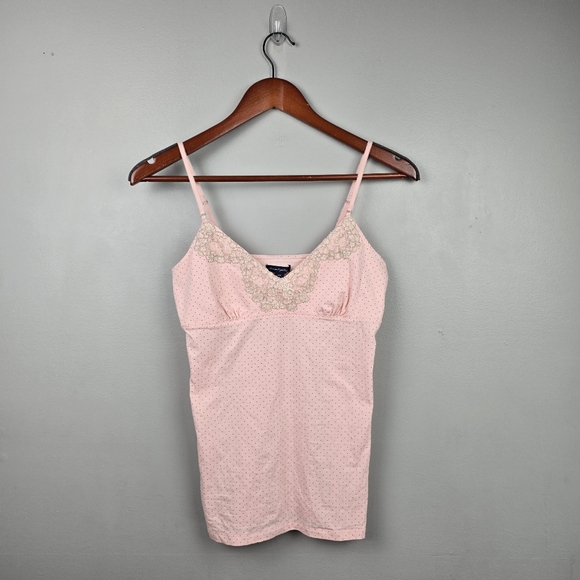 American Eagle Spaghetti Strap Tank Top Lace Polka Dots Pink Women Sz M Babydoll - Picture 1 of 7